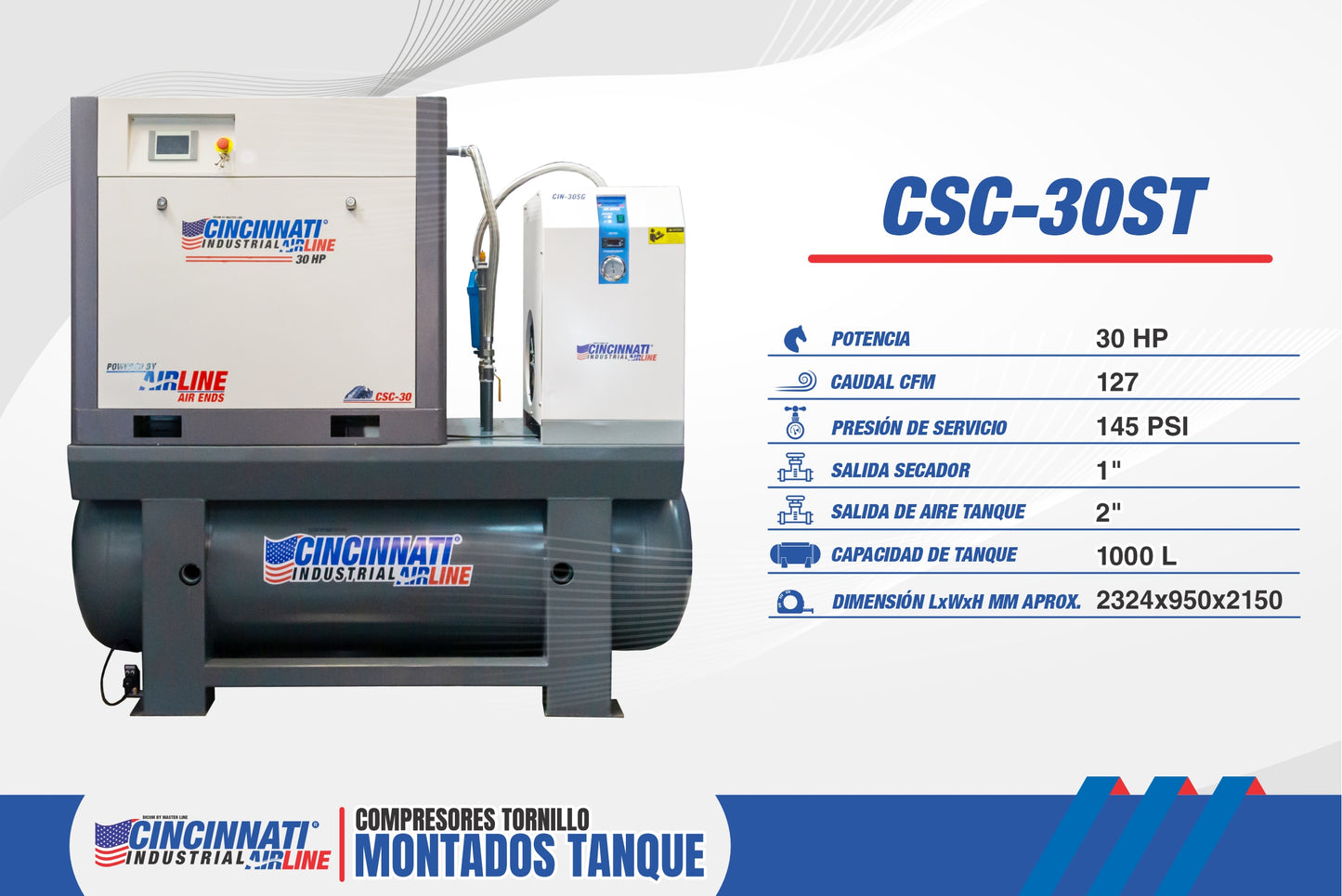 Compresor de Tornillo de 30 Hp, secador y tanque incluidos